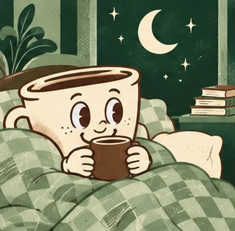 Cartoon coffee mug tucked into bed with a cup of decaf at night