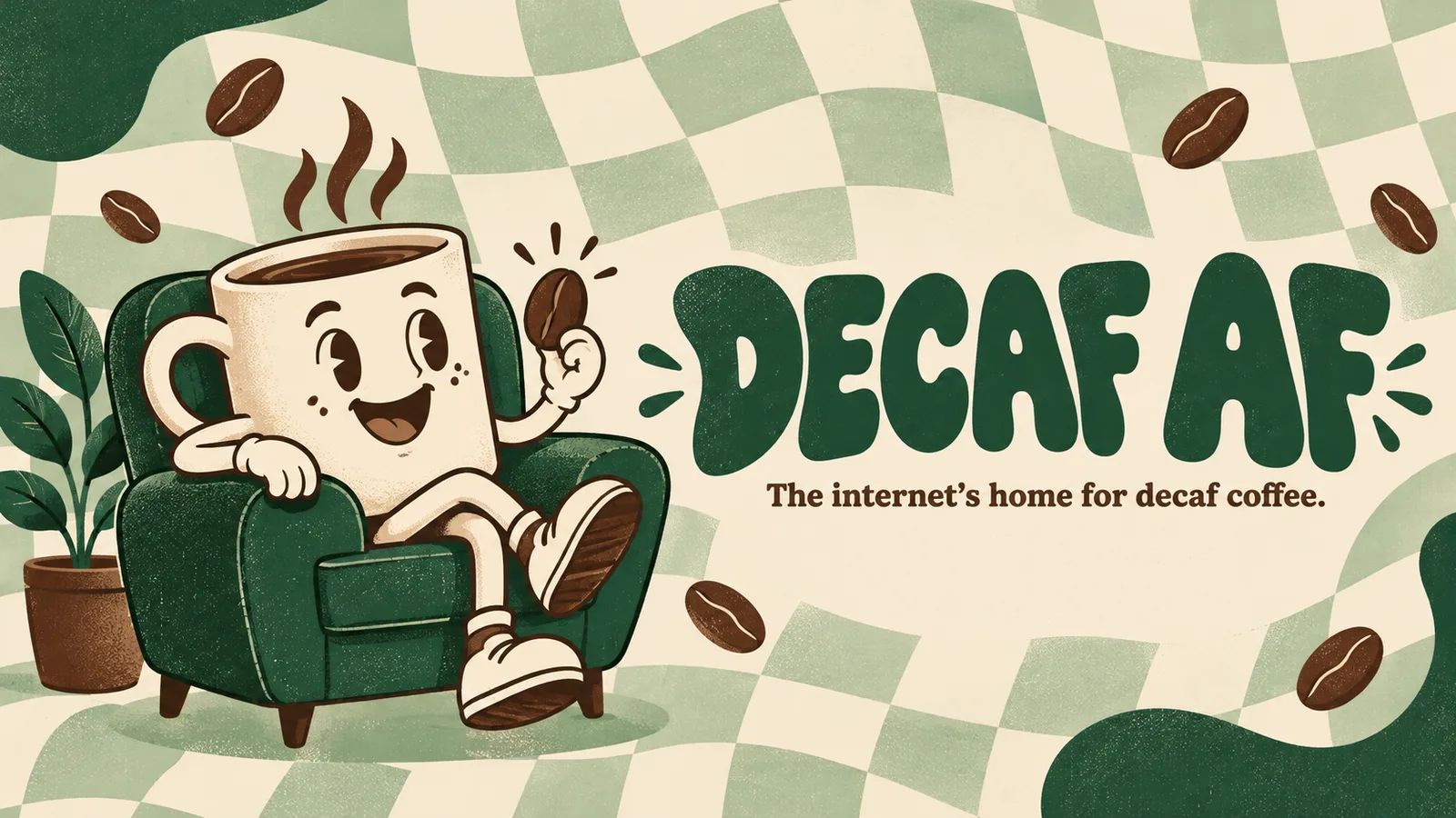 Cartoon retro coffee mug lounging in a green armchair holding a coffee bean, beside the decafaf wordmark